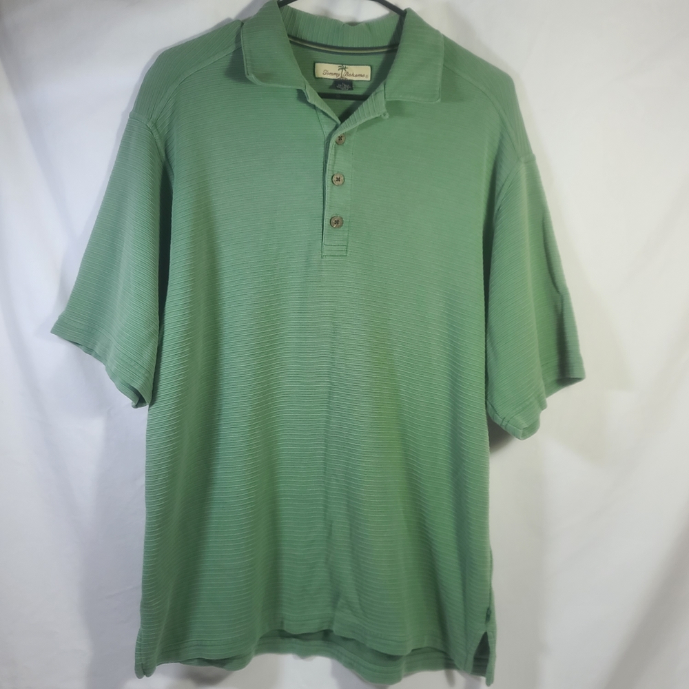 Tommy Bahama Men's Green Ribbed Silk Cotton Polo Top Shirt Size Large